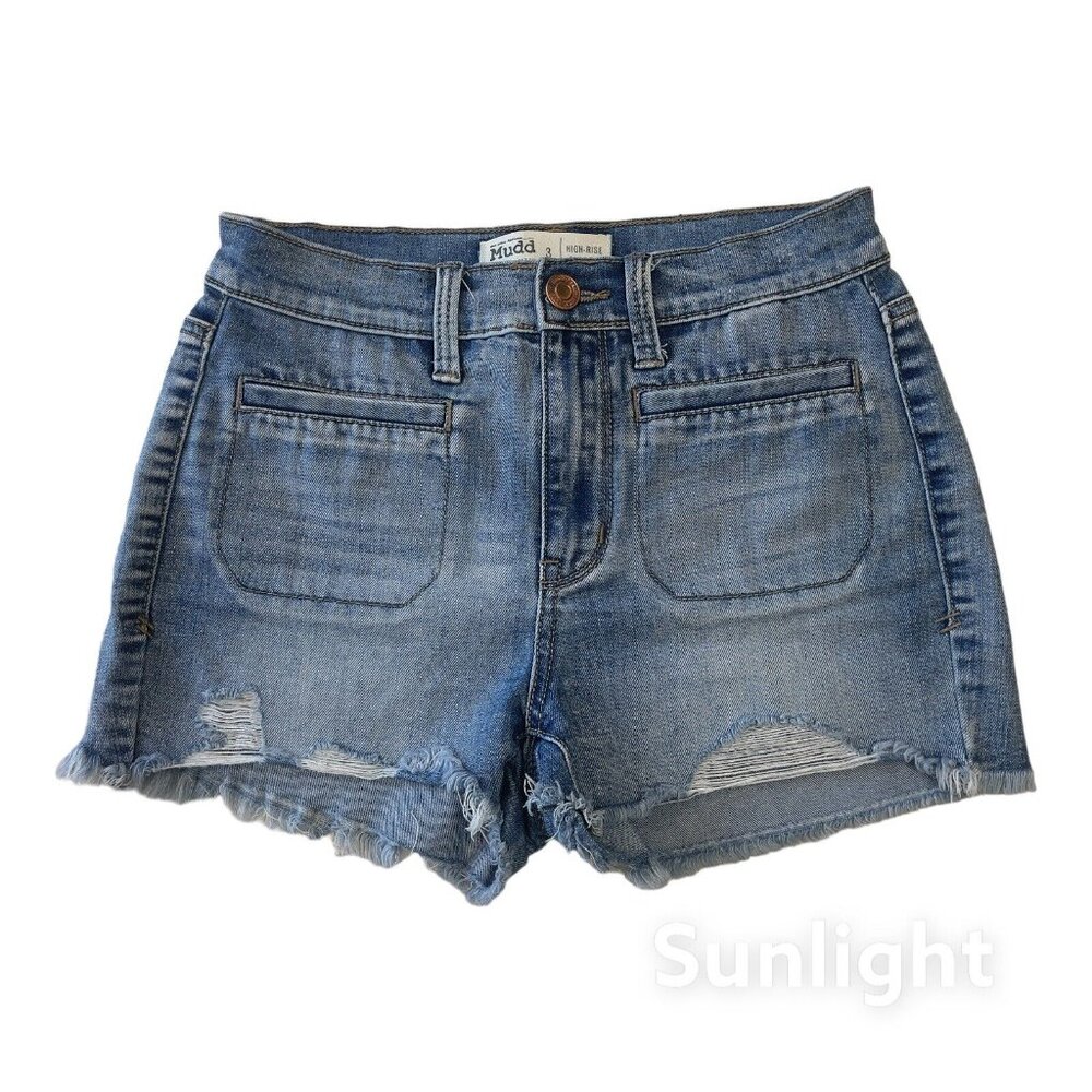 Mudd FLX Distressed Denim Jean Shortie Junior SZ 3 Blue Frayed Hem High Rise - Picture 1 of 10